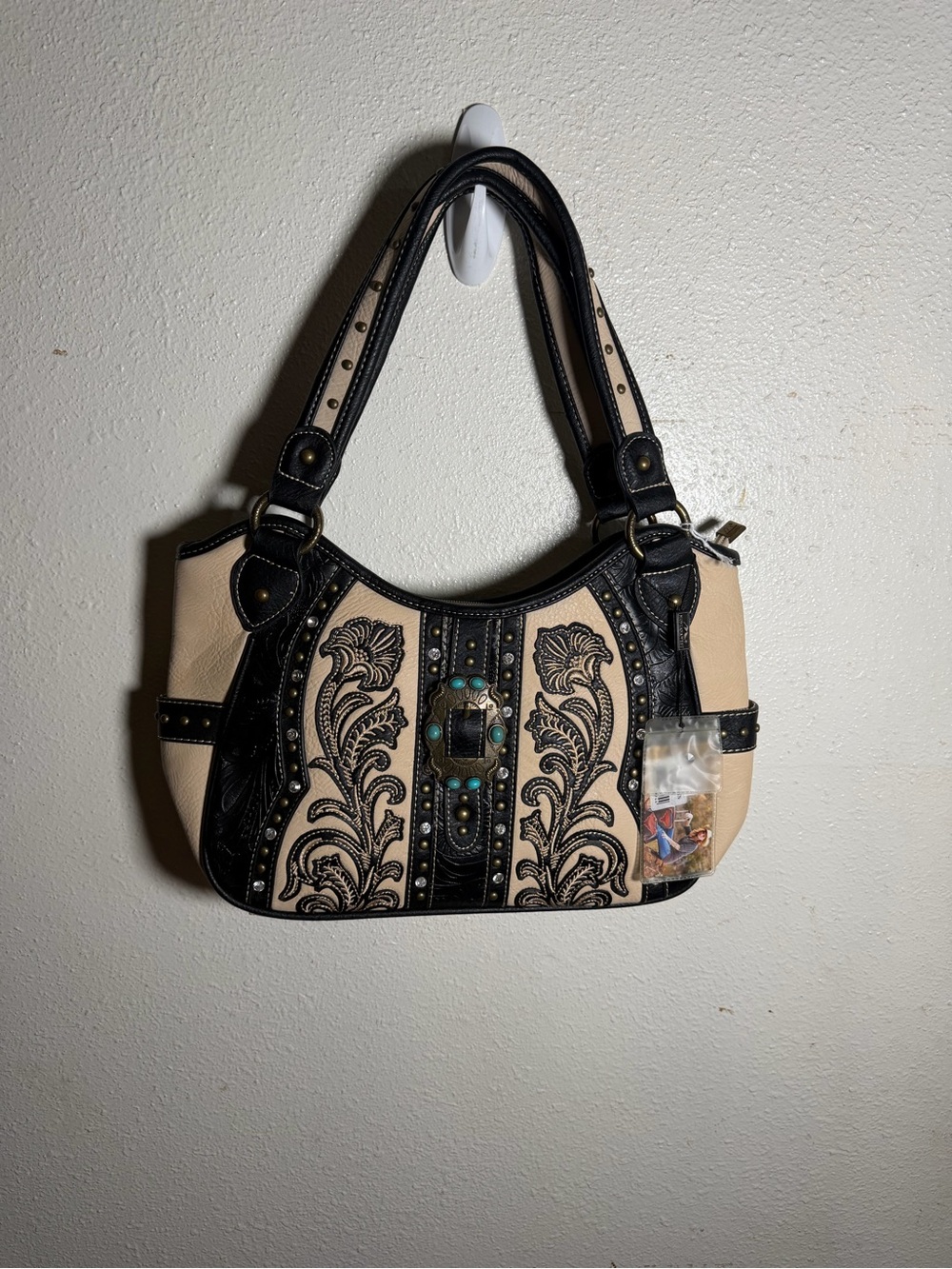 Montana West Beige and Black Embroidered Shoulder Bag with Turquoise Accents